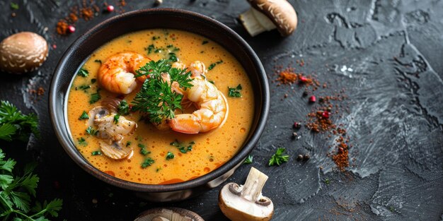 Delicious Shrimp Mushroom Soup in Rustic Bowl on Dark Background