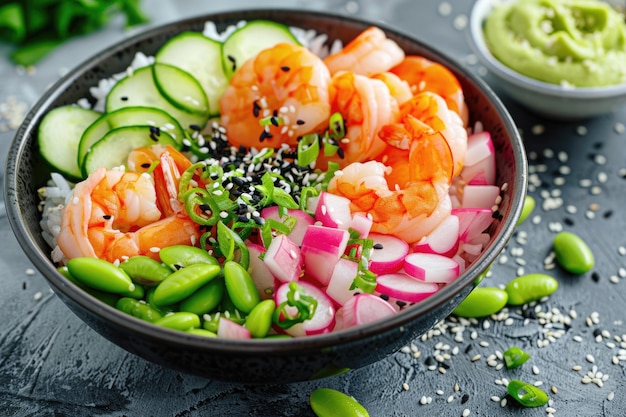 Delicious shrimp and salmon poke bowl with fresh ingredients