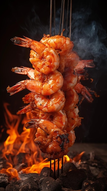 Delicious shrimps are cooked on skewers Fire and smoke in the background