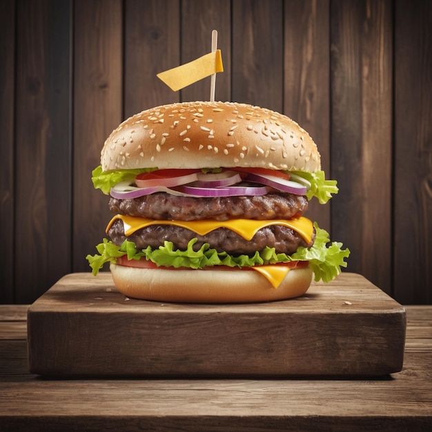 Delicious single burger image on wood and vintage style background