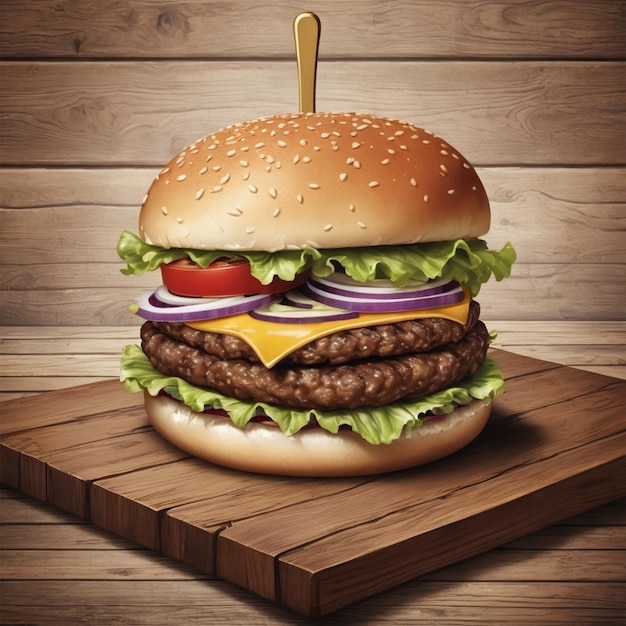 Delicious single burger image on wood and vintage style background