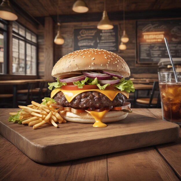 Delicious single burger image on wood and vintage style background