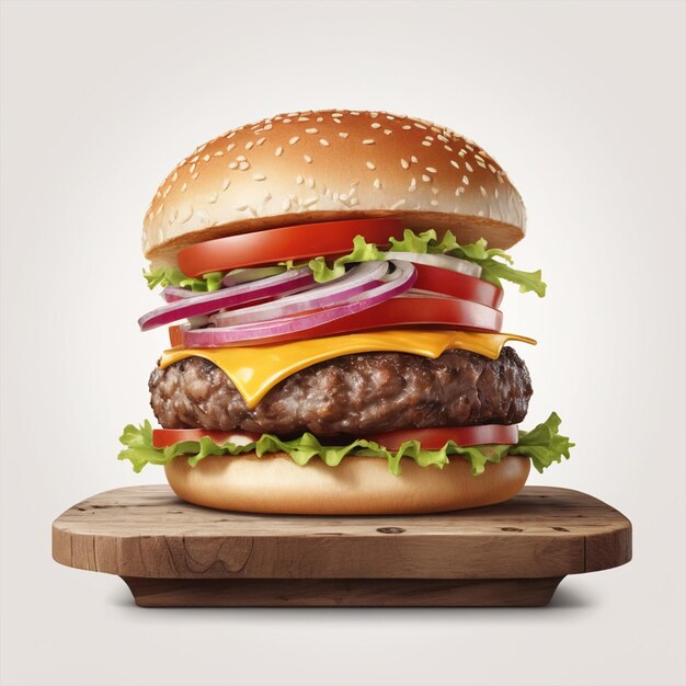 Delicious single burger image on wood and white background