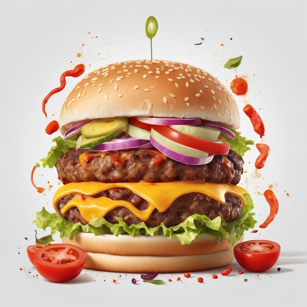 Delicious single burger image on wood and white background