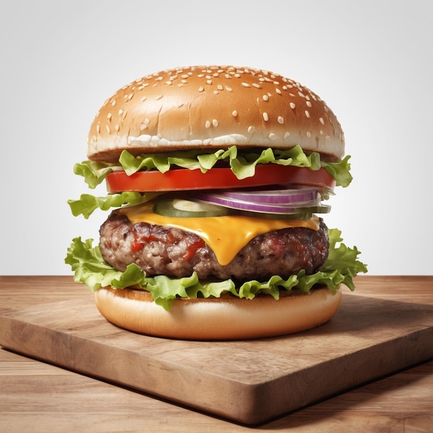 Delicious single burger image on wood and white background