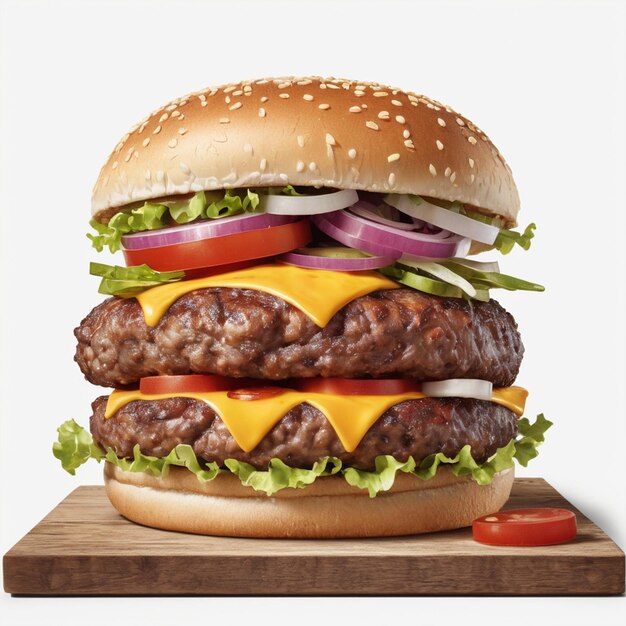 Delicious single burger image on wood and white background