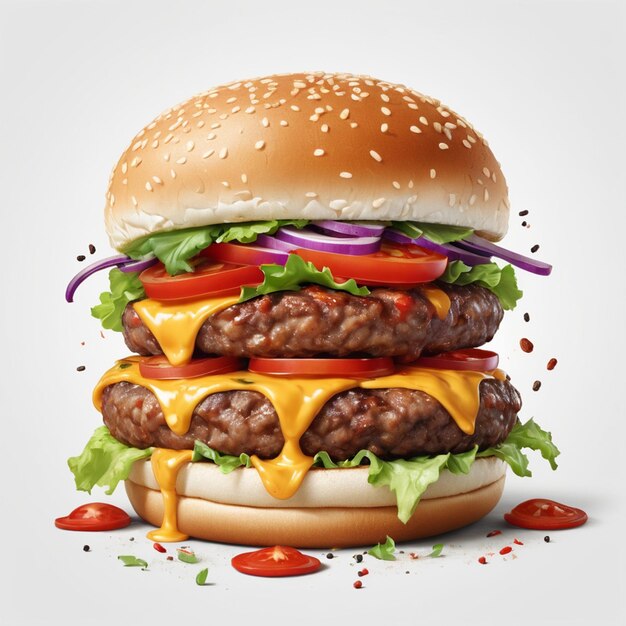 Delicious single burger image on wood and white background