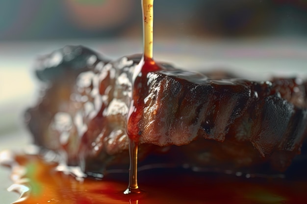 Delicious single rib with a fork with melted soy sauce