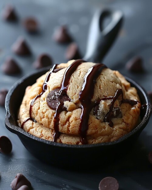 Photo delicious skillet chocolate chip cookie with ice cream and chocolate sauce topping