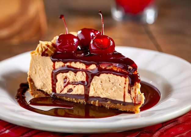 A delicious slice of cheesecake with chocolate topping and redcurrant