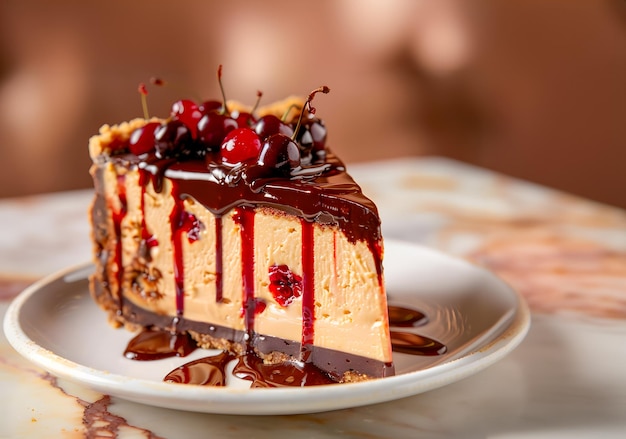 A delicious slice of cheesecake with chocolate topping and redcurrant