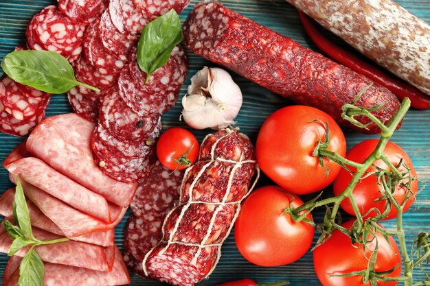 Delicious sliced sausages on wooden background close up