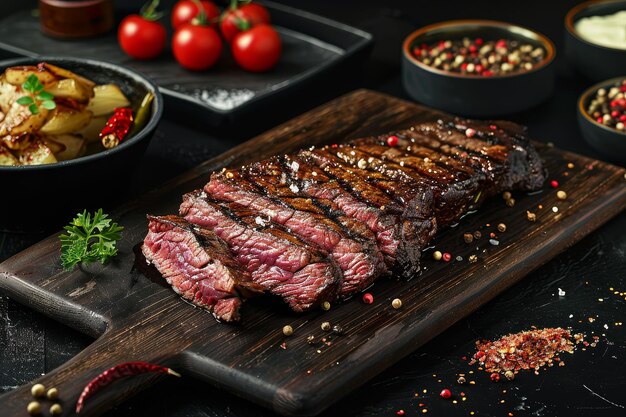 Delicious Sliced Steak on Rustic Wooden Board