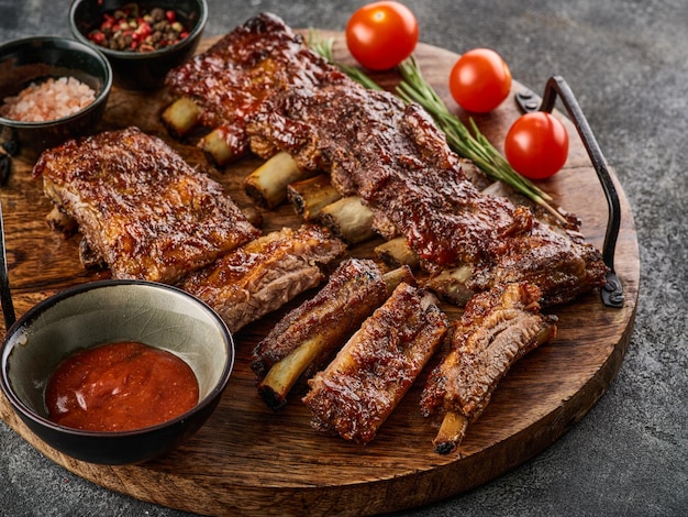 Delicious smoked pork ribs glazed in BBQ sauce