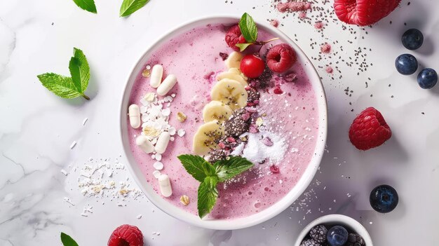 Photo delicious smoothie bowl topped with fresh fruits mint and seeds perfect for healthy breakfast or snack