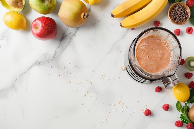 Photo delicious smoothie made with ingredients in blender on marble table