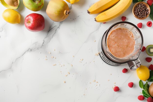 Photo delicious smoothie made with ingredients in blender on marble table