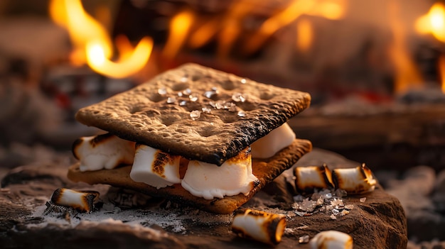 Photo delicious smore with toasted marshmallows and melted chocolate between crackers by campfire