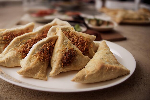 Delicious snack fried samsa with vegetables and meat on table