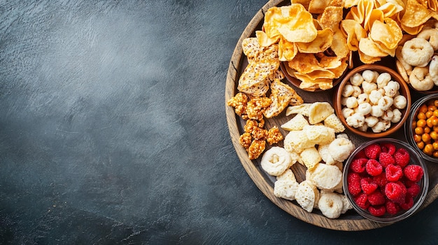 Photo delicious snacks on wooden plate on grey table