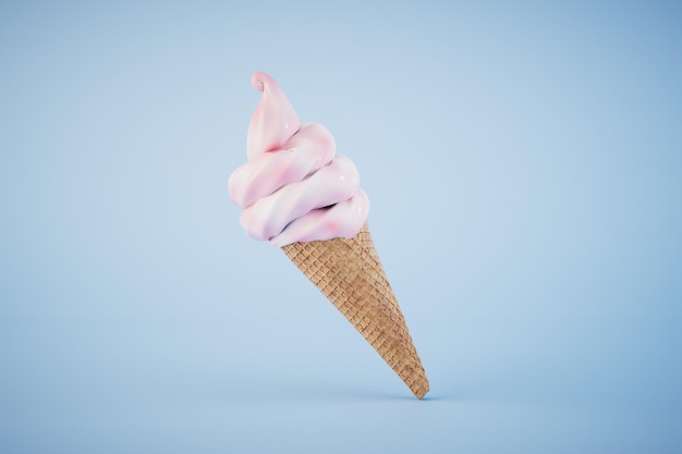 Delicious soft ice cream in a waffle cone on a blue background 3D render