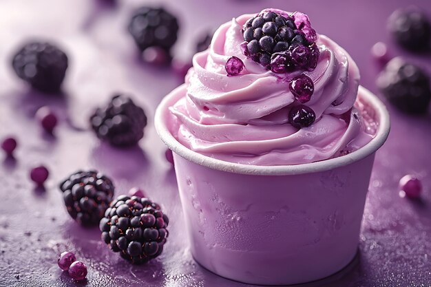 Photo delicious soft serve gelato with blackberry topping delight