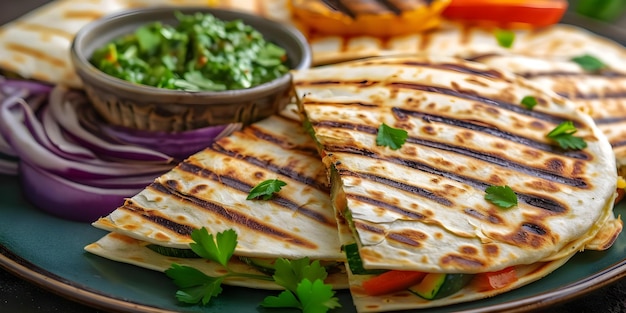 Photo delicious south american veggie quesadillas with chimichurri and grilled vegetables concept recipes south american cuisine vegetarian dishes quesadillas chimichurri