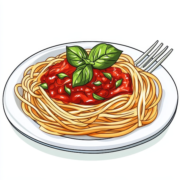 Delicious spaghetti topped with rich tomato sauce and fresh basil served on a white plate with a fork ready to dig in