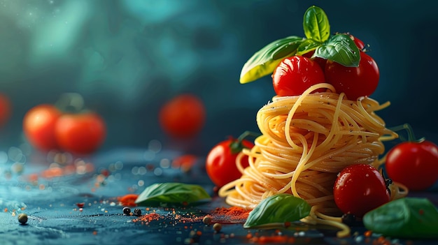 Delicious spaghetti with fresh tomatoes and basil on a dark background