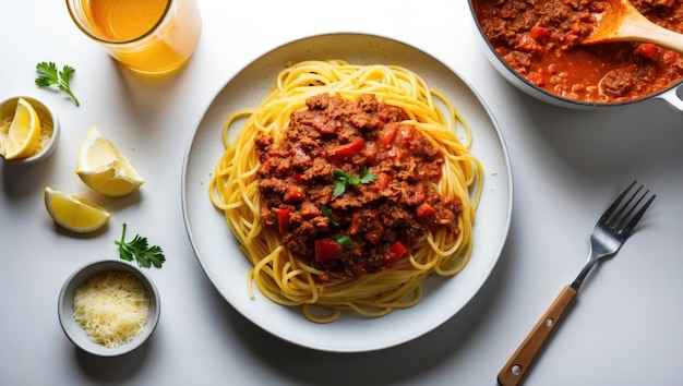 Photo delicious spaghetti with meat sauce and fresh herbs perfect for dinner