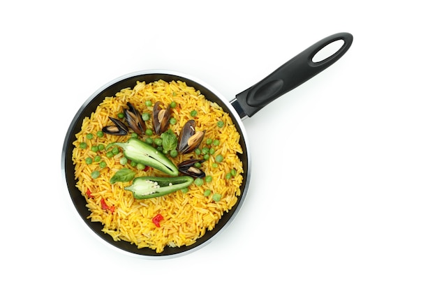 Delicious Spanish Paella isolated on white background