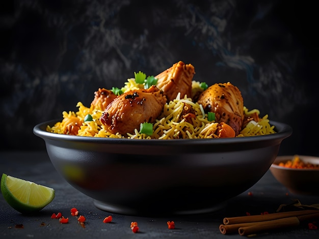 Photo delicious spicy chicken biryani in bowl over moody background