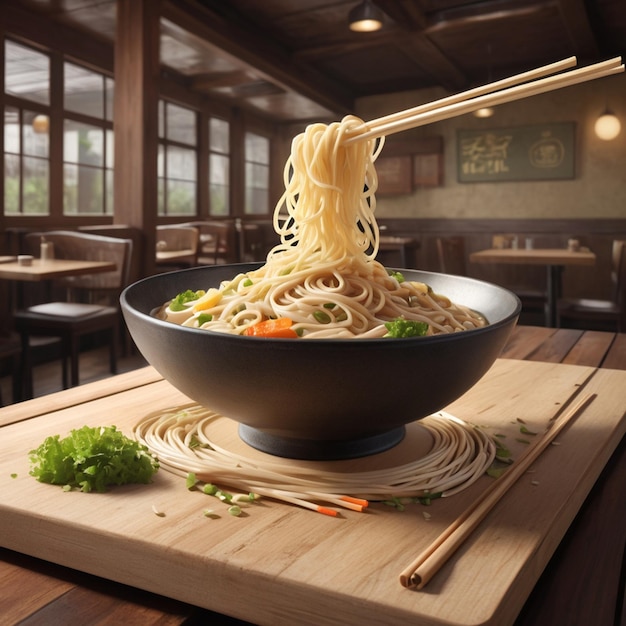 Delicious and spicy noodles on a wood board with vintage style background