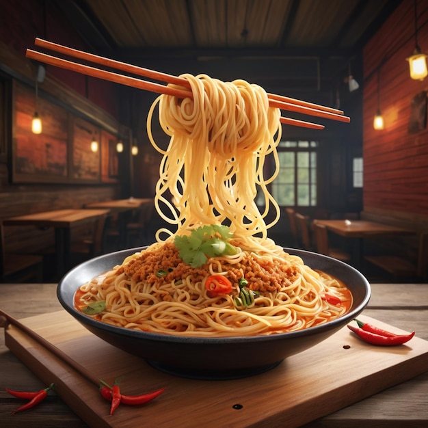 Delicious and spicy noodles on a wood board with vintage style background