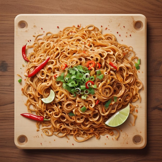 Delicious and spicy noodles on a wood board with vintage style background