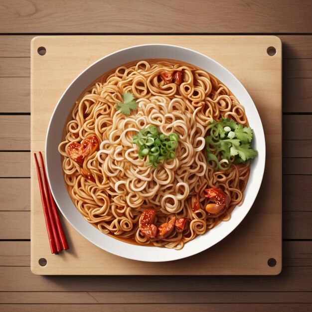 Delicious and spicy noodles on a wood board with vintage style background