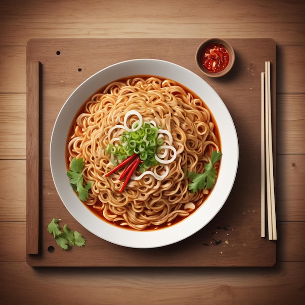 Delicious and spicy noodles on a wood board with vintage style background