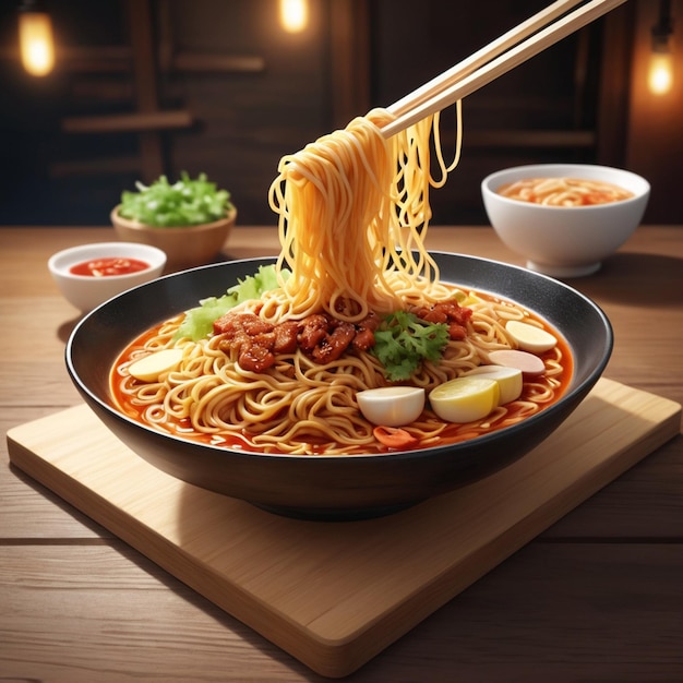 Delicious and spicy noodles on a wood board with vintage style background