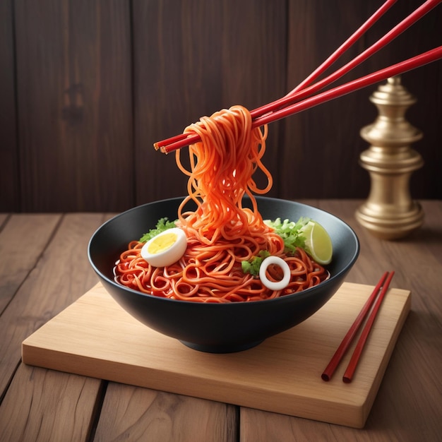 Delicious and spicy noodles on a wood board with vintage style background