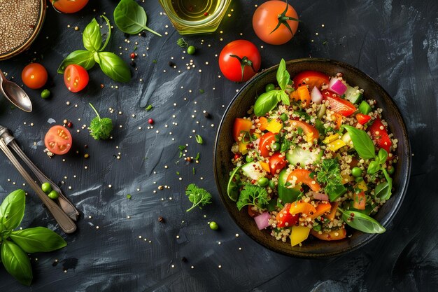 Photo delicious spicy quinoa salad with fresh vegetables on a dark background