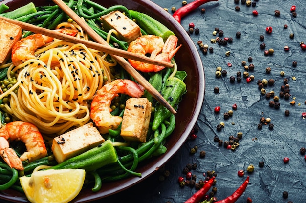 Delicious spicy salad with shrimps and cowpea Prawn salad