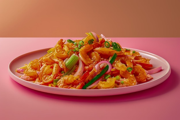 Delicious Spicy Shrimp Pasta Dish on Oval Plate with Pink and Orange Background