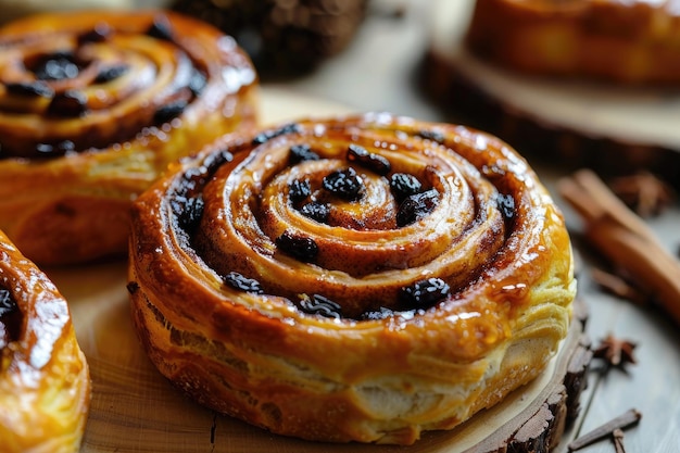 Photo delicious spiral pastries with raisins golden brown and flaky perfect for dessert or breakfast