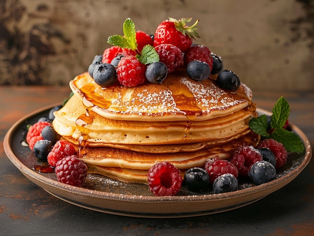 Photo delicious stack of buttery pancakes topped with fresh berries and syrup