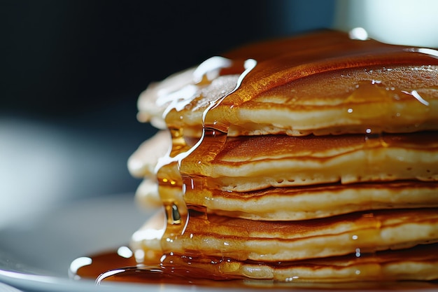 Photo delicious stack of fluffy pancakes drizzled with syrup on a plate ready for breakfast