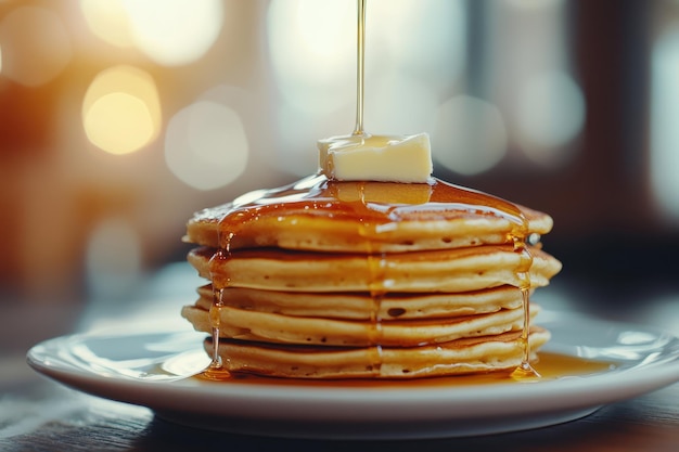 Photo delicious stack of pancakes topped with butter and syrup perfect for breakfast or brunch capturing a warm inviting atmosphere