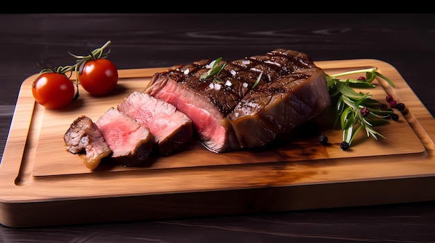 Delicious steak grilled on a wooden cutting board with spices tomatoes garlic thyme salt generative ai