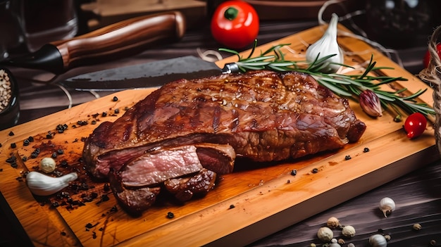 Delicious steak grilled on a wooden cutting board with spices tomatoes garlic thyme salt generative ai