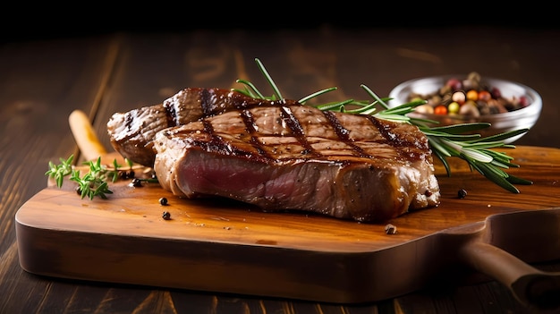 Delicious steak grilled on a wooden cutting board with spices tomatoes garlic thyme salt generative ai