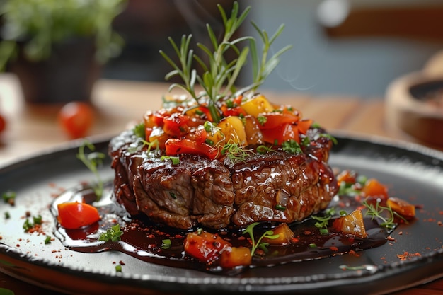 Delicious steak with vegetables on plate closeup Delicious dinner